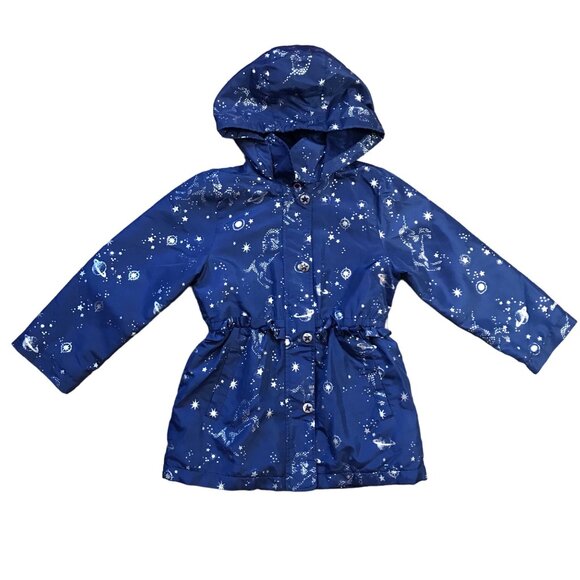 London Fog Unicorn & Space Print Hooded‎ Jacket Girls 6X Blue Silver Snap Zip - Picture 1 of 14